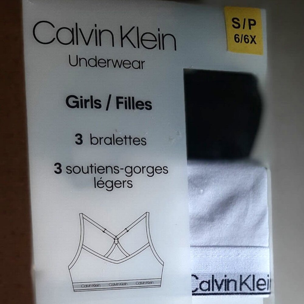 Calvin Klein Underwear Girls 3 Bralettes Size 6X/Small Black/Gray/White